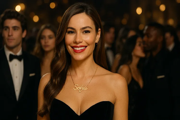 Celebrity wearing a name necklace at a red-carpet event. Celebrity wearing a name necklace at a red-carpet event.