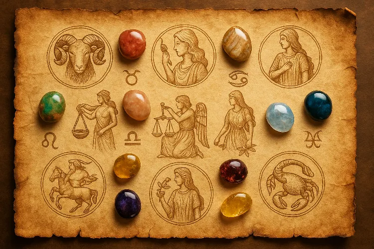 Ancient scroll showing zodiac and gemstones Ancient scroll showing zodiac and gemstones