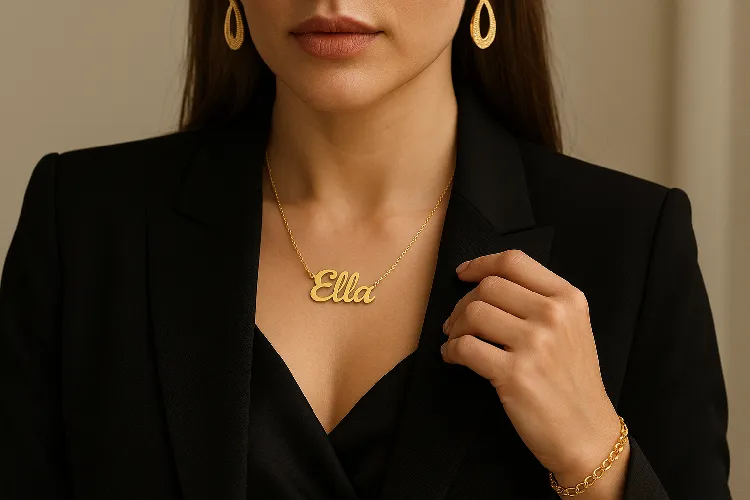 Name necklace paired with elegant formal attire. Name necklace paired with elegant formal attire.