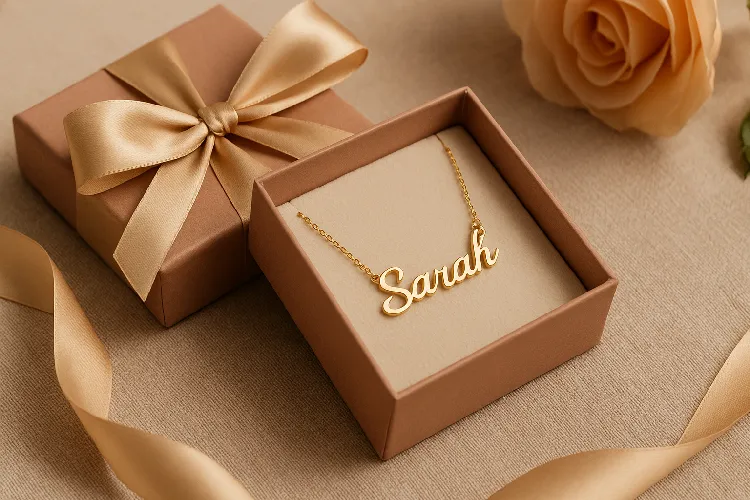 Gift box with a personalized name necklace inside. Gift box with a personalized name necklace inside.