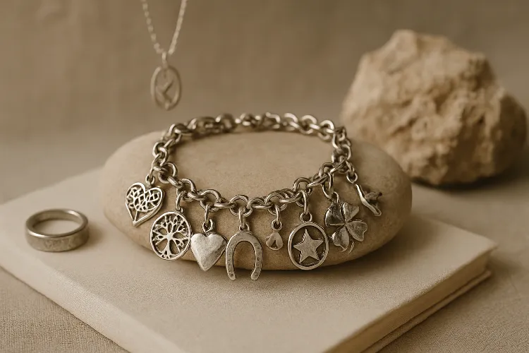 Charm bracelet featuring a variety of meaningful trinkets Charm bracelet featuring a variety of meaningful trinkets