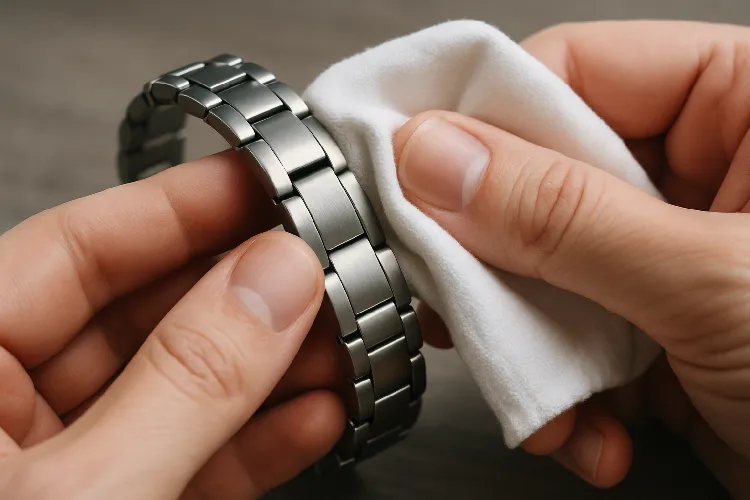 Person gently cleaning a titanium bracelet with a soft cloth Person gently cleaning a titanium bracelet with a soft cloth