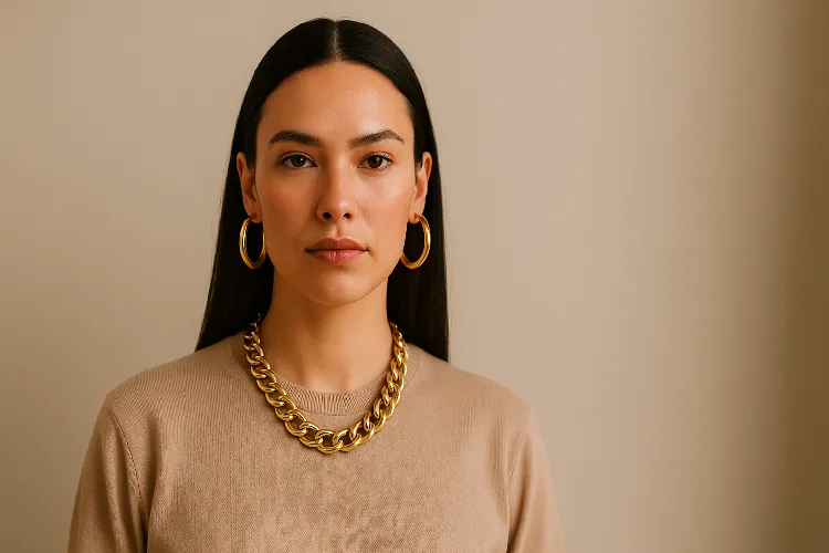 Woman wearing bold statement jewelry Woman wearing bold statement jewelry