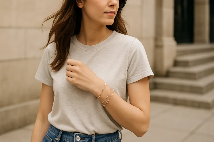 Minimalist bracelet stack with casual outfit. Minimalist bracelet stack with casual outfit.