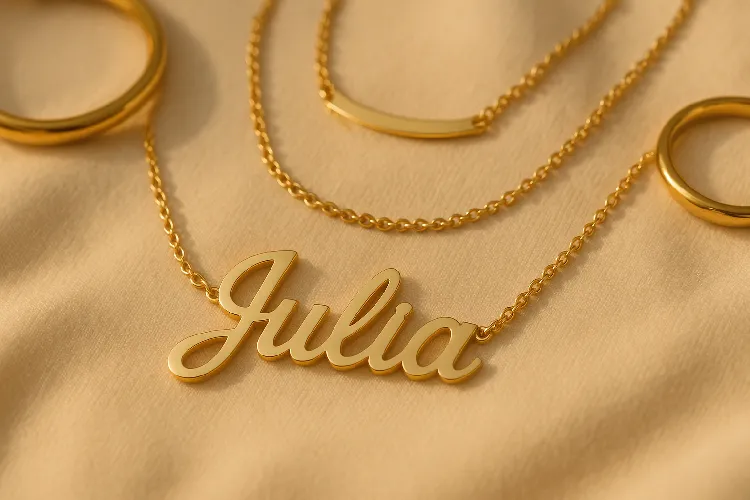 Classic gold name necklace layered with elegant jewelry. Classic gold name necklace layered with elegant jewelry.