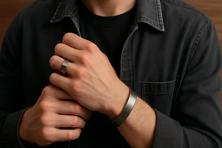Person wearing modern titanium jewelry Person wearing modern titanium jewelry