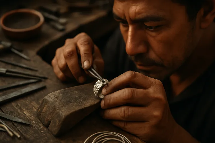 Craftsman shaping silver jewelry with traditional techniques Craftsman shaping silver jewelry with traditional techniques