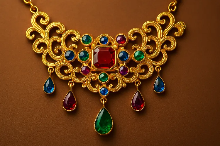 Gold necklace set with colored gems Gold necklace set with colored gems