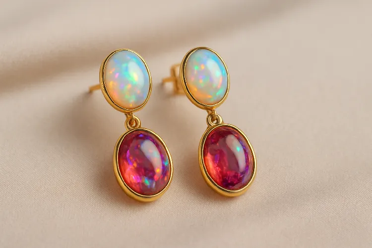 Colorful opal and tourmaline earrings with vibrant effects Colorful opal and tourmaline earrings with vibrant effects