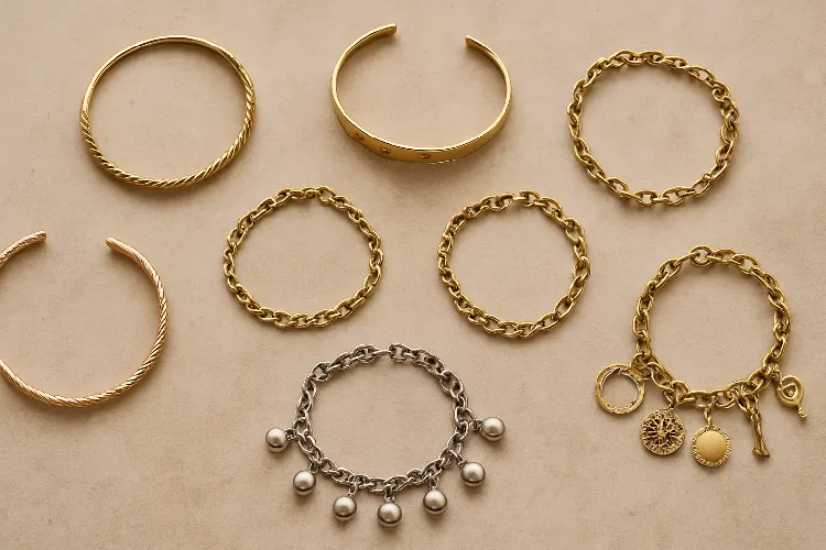 Various bracelet styles stacked together. Various bracelet styles stacked together.