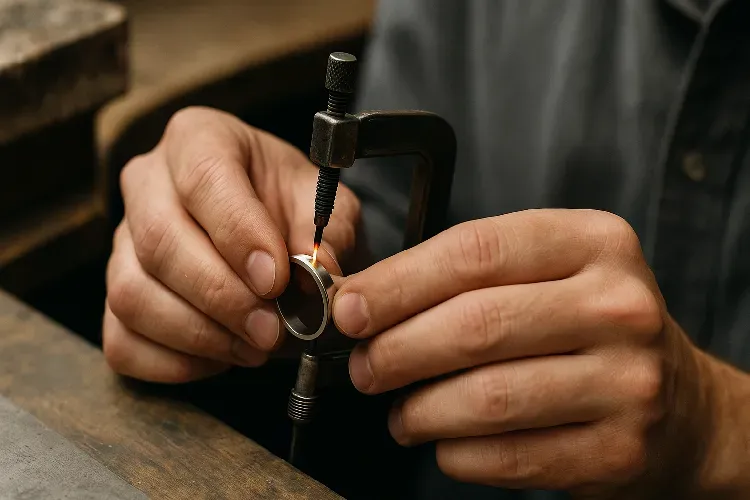 Jeweler resizing a ring with tools Jeweler resizing a ring with tools