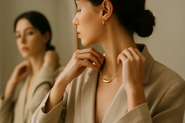 Woman choosing the right necklace in front of mirror Woman choosing the right necklace in front of mirror