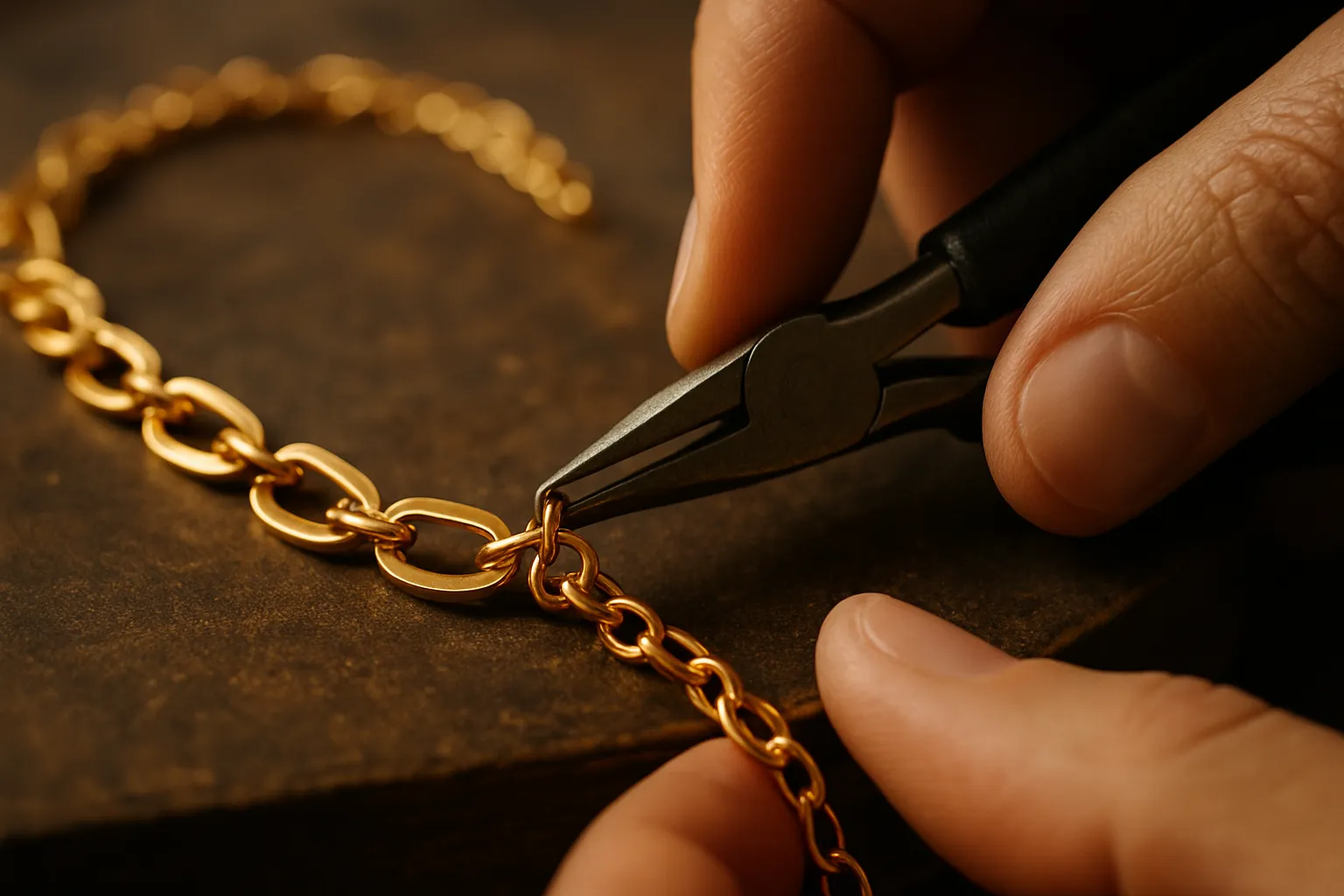 Gold necklace being shortened by skilled hands