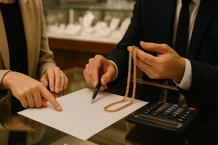 The jeweler and the customer are discussing the details of the gold necklace transaction. The jeweler and the customer are discussing the details of the gold necklace transaction.