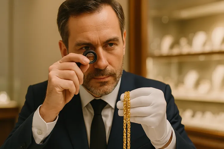 The jewelry appraiser examines the gold necklace The jewelry appraiser examines the gold necklace