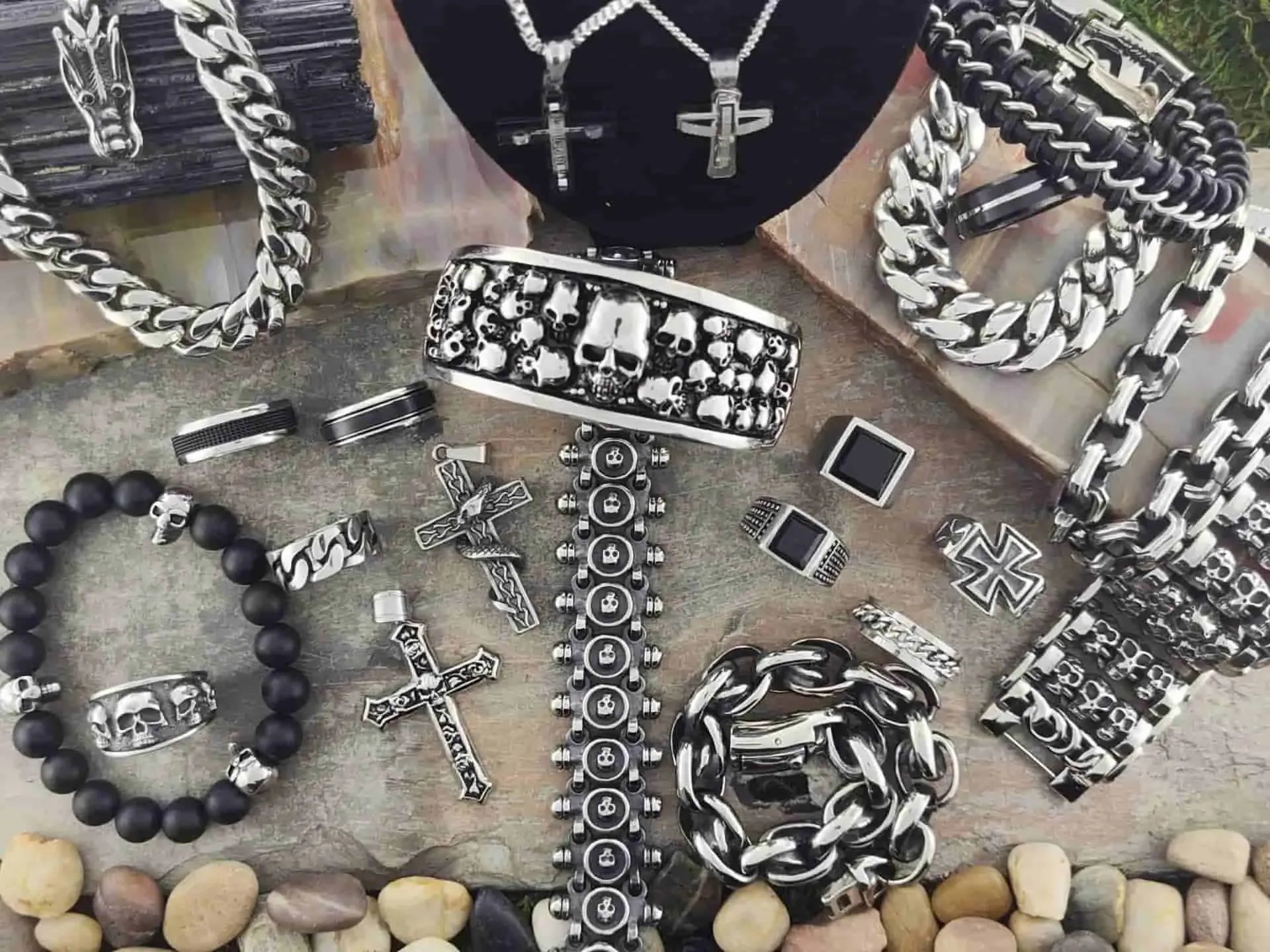 Stainless steel jewelry close up Stainless steel jewelry close up