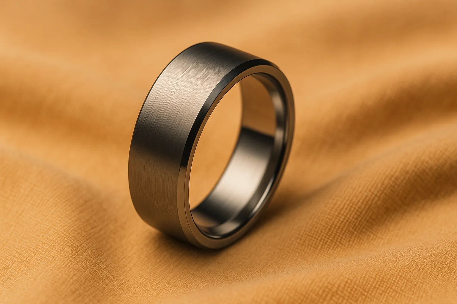 Titanium wedding band on fabric