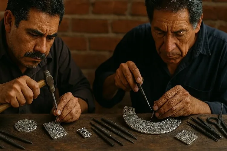 Artisan working on traditional Mexican silver jewelry, showcasing craftsmanship. Artisan working on traditional Mexican silver jewelry, showcasing craftsmanship.
