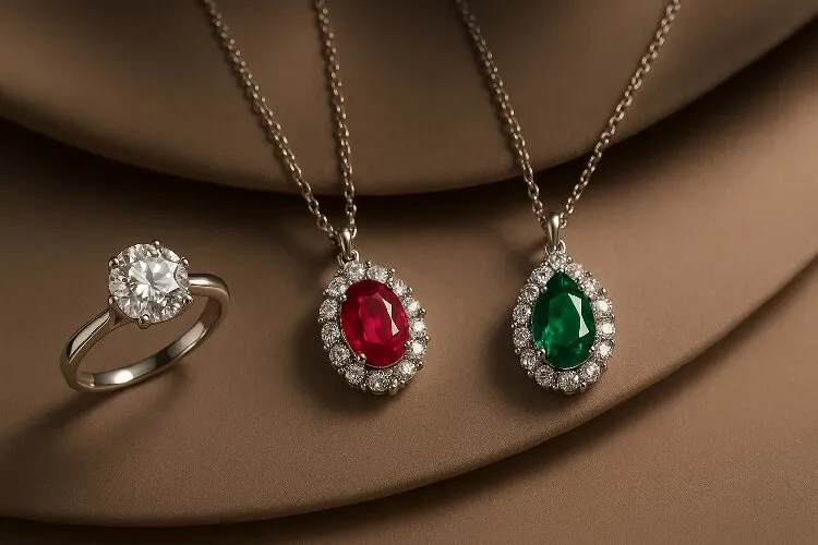 Luxury gemstones: diamond, ruby, and emerald displayed on a dark background. Luxury gemstones: diamond, ruby, and emerald displayed on a dark background.