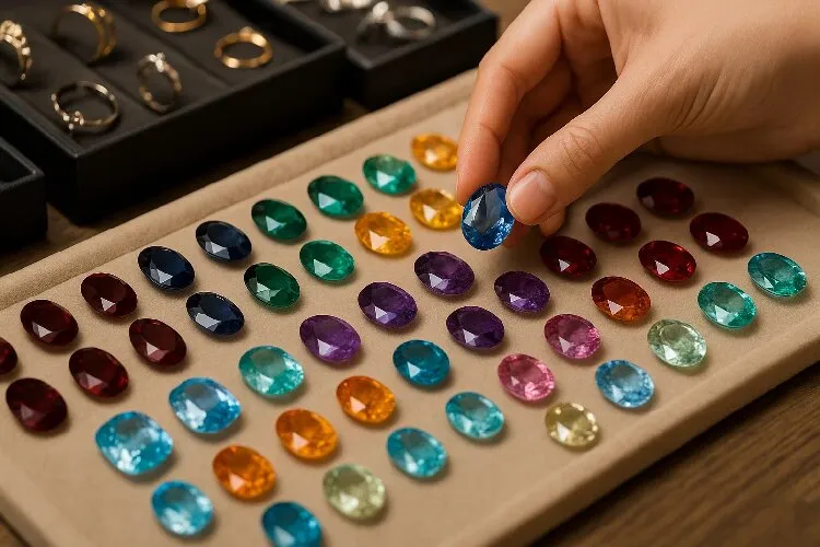 Choosing the right birthstone from a jewelry display. Choosing the right birthstone from a jewelry display.
