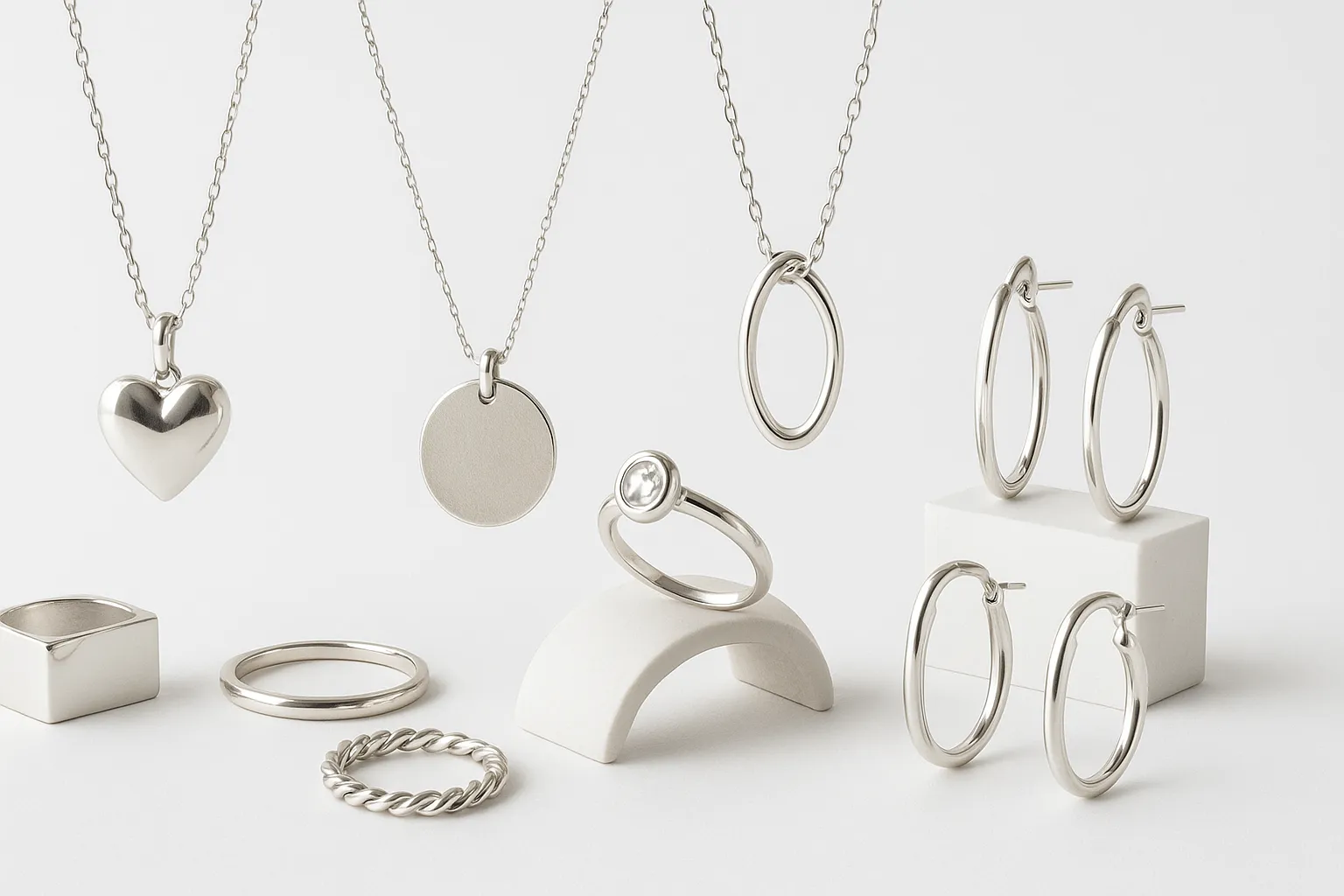 Diverse silver jewelry designs displayed in a modern setting