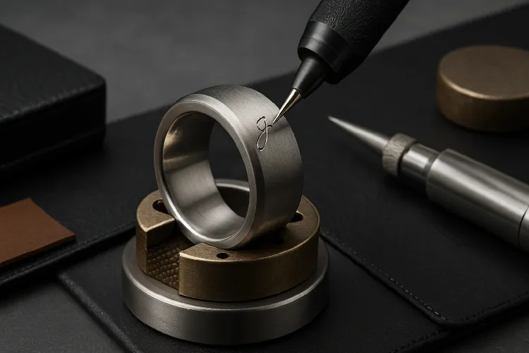 Custom stainless steel ring being engraved for personalization. Custom stainless steel ring being engraved for personalization.