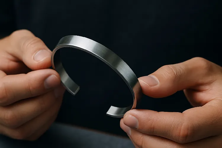 Person holding sleek titanium jewelry Person holding sleek titanium jewelry