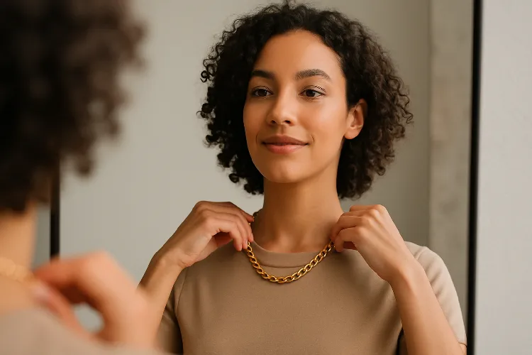 Perfectly adjusted necklace around neck Perfectly adjusted necklace around neck