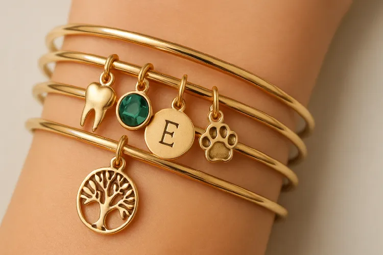 Personalized charm bracelet stack. Personalized charm bracelet stack.