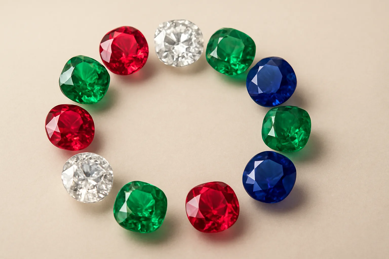 Assorted birthstones arranged in a circle, highlighting their vibrant colors.