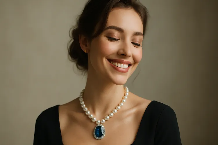 Model wearing elegant statement necklace Model wearing elegant statement necklace