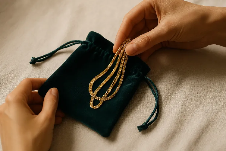 The necklace is stored in a green flannel bag The necklace is stored in a green flannel bag