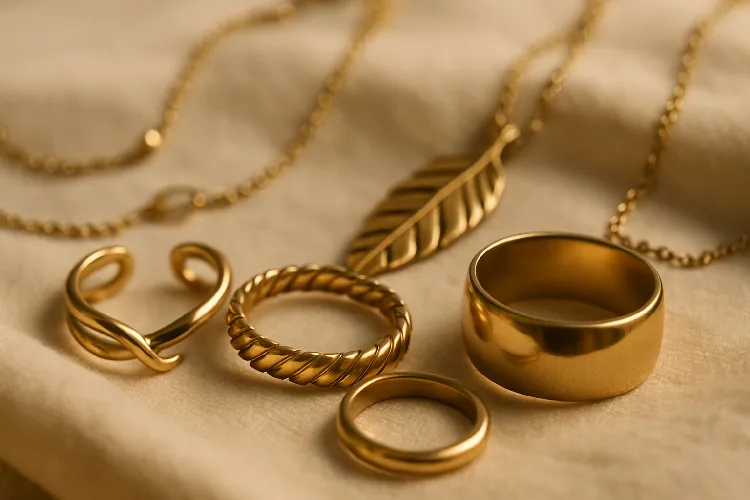 Close-up of shiny brass jewelry showcasing polished designs Close-up of shiny brass jewelry showcasing polished designs