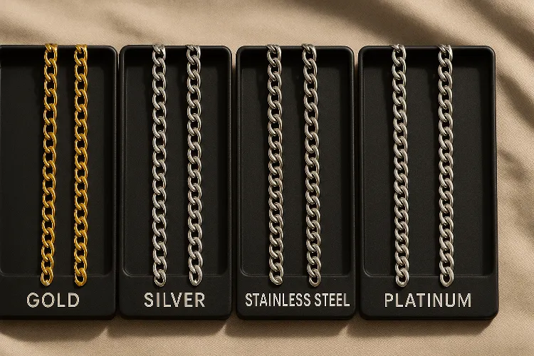 Different types of metal chains displayed Different types of metal chains displayed