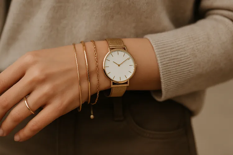 Stylish bracelet stack with minimalist bracelets, bold ring, and watch. Stylish bracelet stack with minimalist bracelets, bold ring, and watch.