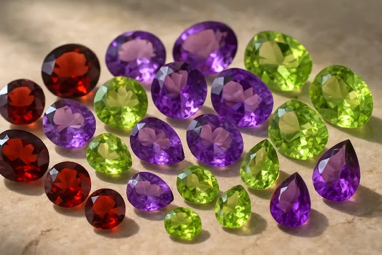 Affordable birthstones like garnet, amethyst, and peridot displayed in soft light. Affordable birthstones like garnet, amethyst, and peridot displayed in soft light.
