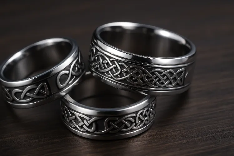 Close-up of shiny stainless steel rings with Celtic and modern designs Close-up of shiny stainless steel rings with Celtic and modern designs