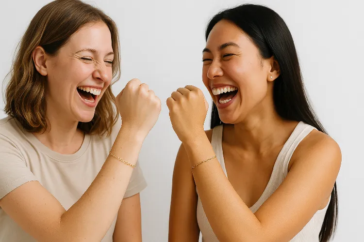 Friends wearing matching permanent bracelets Friends wearing matching permanent bracelets