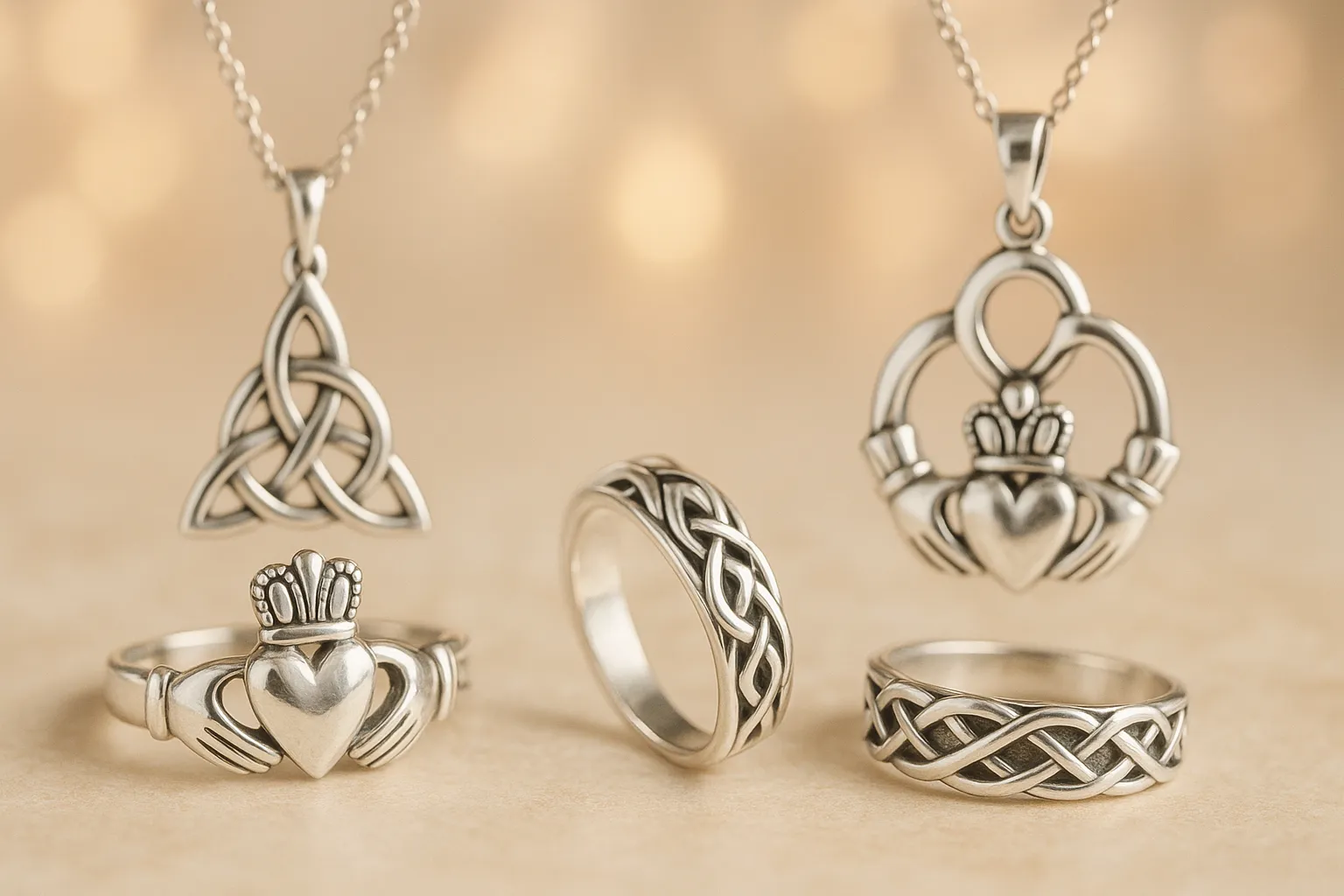 Elegant silver jewelry with Celtic designs and Claddagh rings.