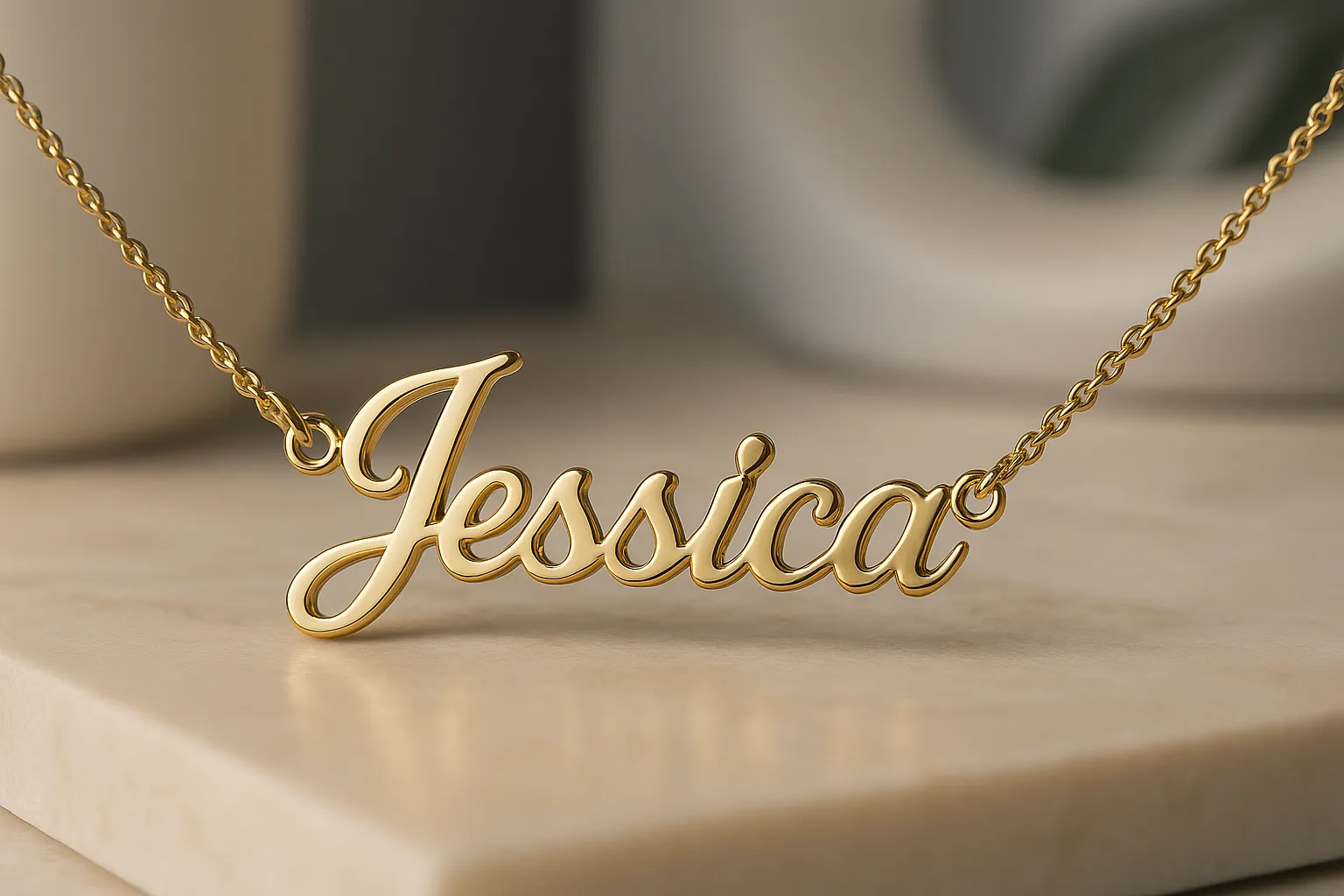 Gold name necklace with cursive design on a sleek, modern backdrop.