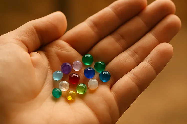 Hand holding colorful birthstones Hand holding colorful birthstones