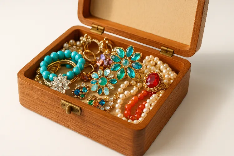 e8e87bbc 3c9d 46b2 8553 ca2dd34c079f Jewelry box filled with shiny costume jewelry