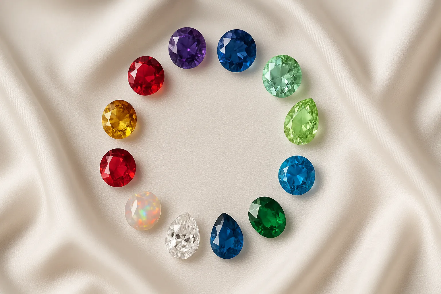 Colorful birthstones in a circle on white silk background