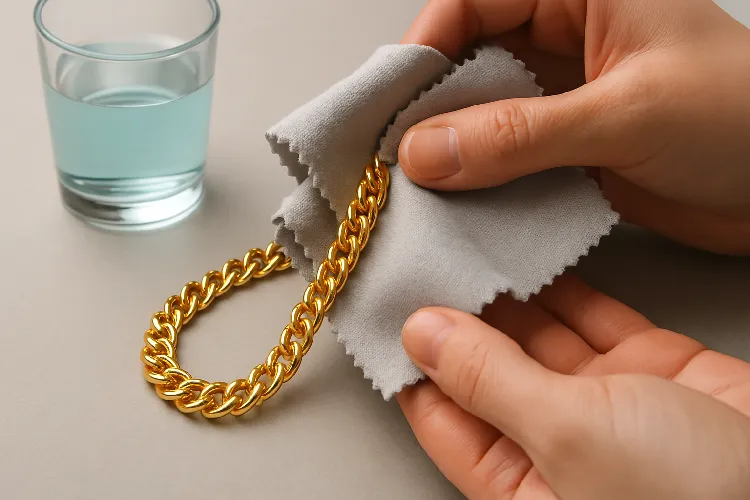Clean the gold necklace with a soft cloth Clean the gold necklace with a soft cloth