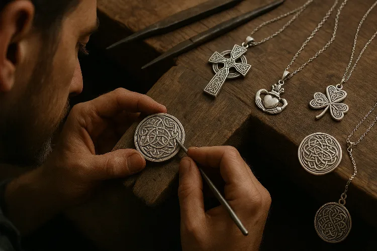 Artisan crafting silver jewelry with Celtic motifs Artisan crafting silver jewelry with Celtic motifs