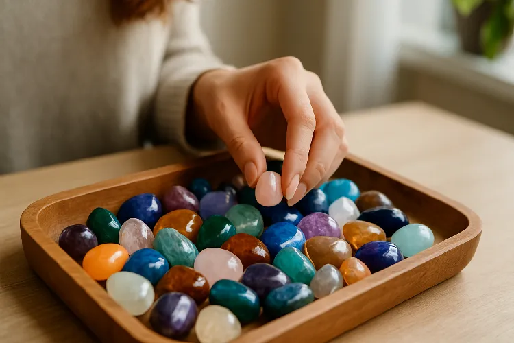 Choosing a personal birthstone from a tray Choosing a personal birthstone from a tray