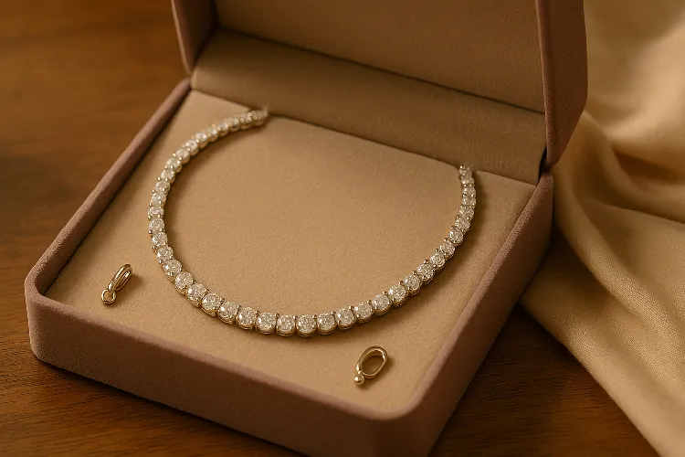 The luxurious diamond tennis necklace is placed on the jewelry box The luxurious diamond tennis necklace is placed on the jewelry box
