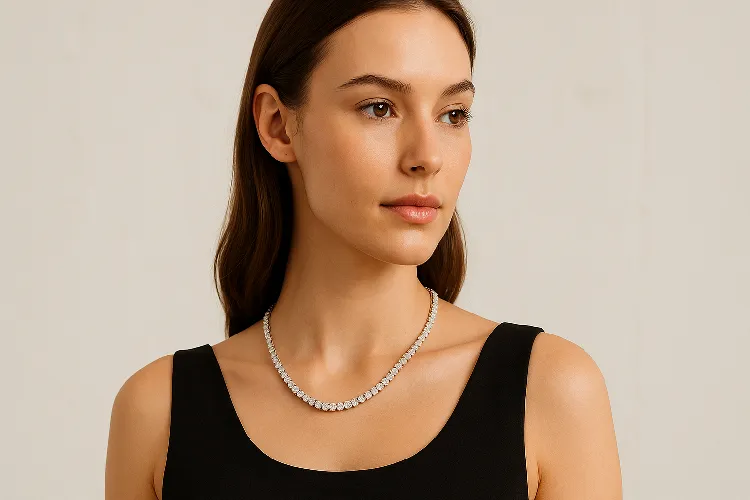 Model styling a tennis necklace with a black dress Model styling a tennis necklace with a black dress