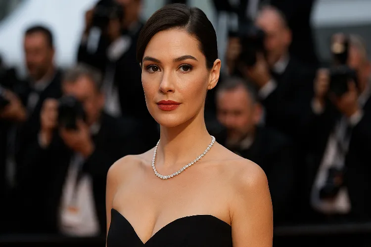 Model styling a tennis necklace with a black dress Model styling a tennis necklace with a black dress