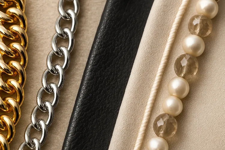 Multi-material necklace details: metal, leather, pearl Multi-material necklace details: metal, leather, pearl